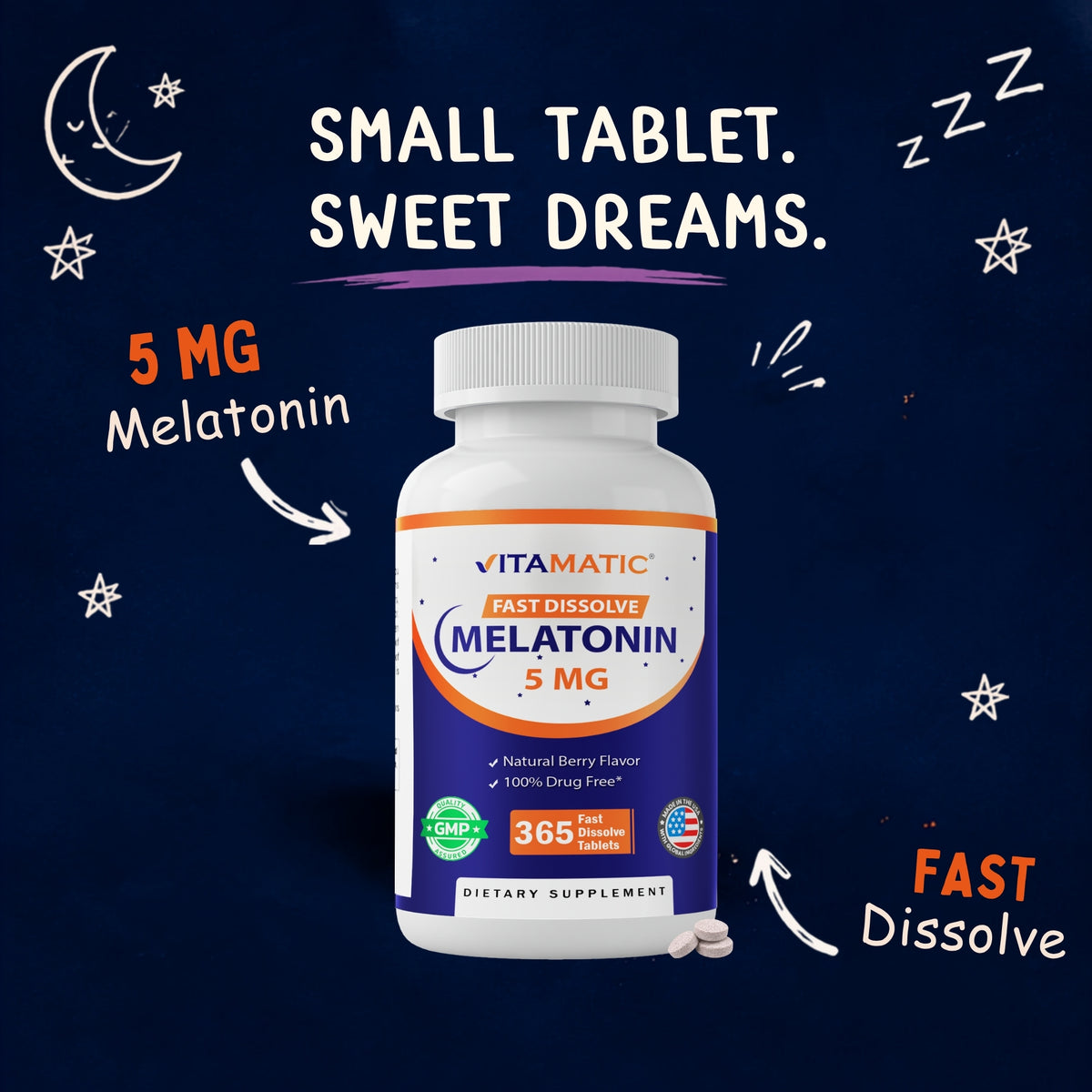 Vitamatic Melatonin 5mg Fast Dissolve, 365 Tablets