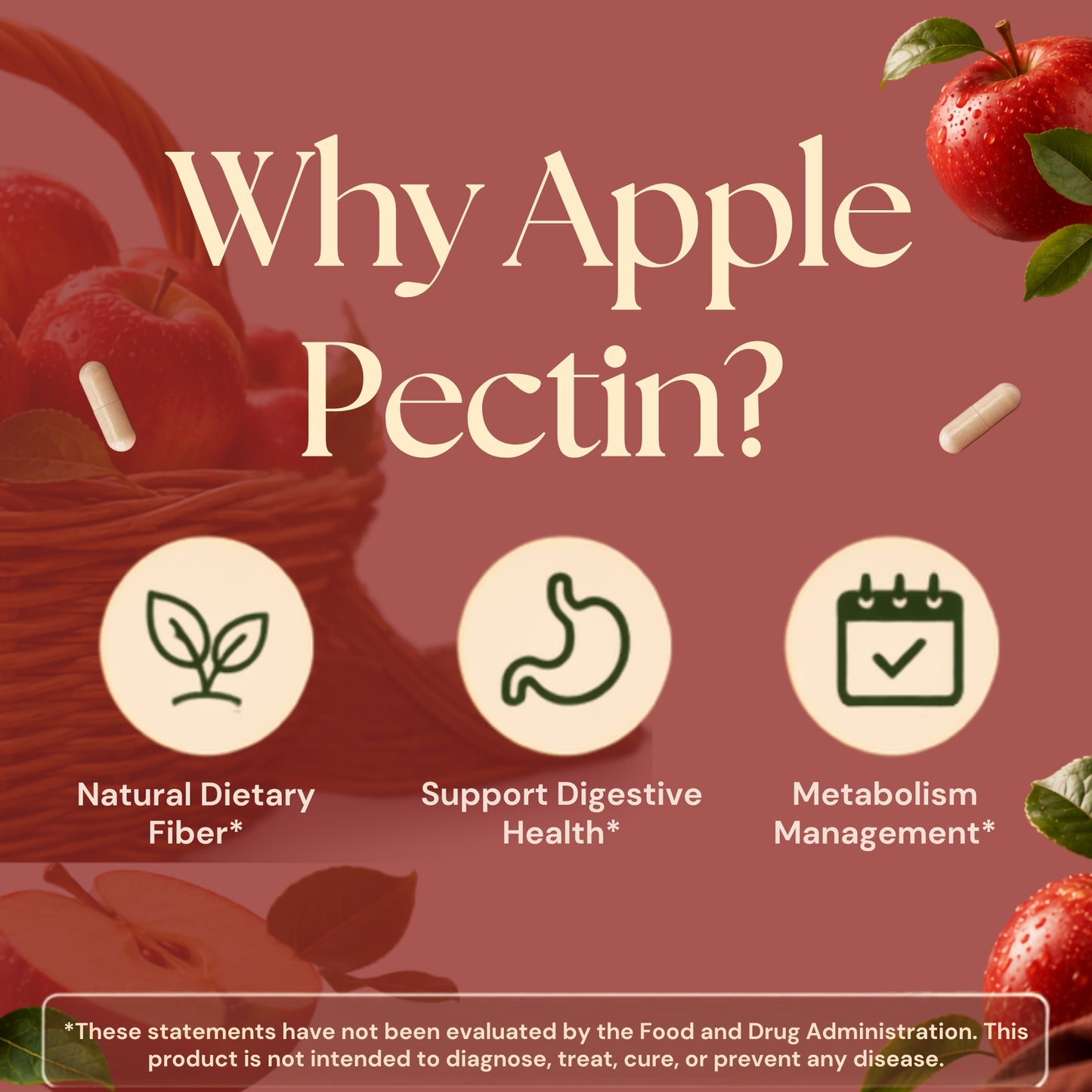 Apple Pectin supplement benefits highlighting natural dietary fiber, digestive health support, and metabolism management with fresh apples.