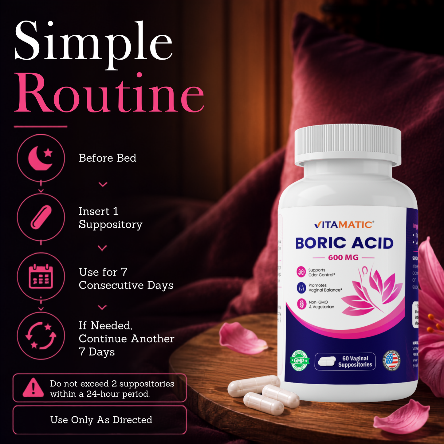 Vitamatic Boric Acid 600 mg Vaginal Suppositories – Simple Bedtime Use Routine