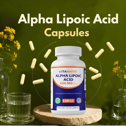 Vitamatic Alpha Lipoic Acid 600 mg capsules bottle surrounded by capsules on a premium botanical background with a glass of water.