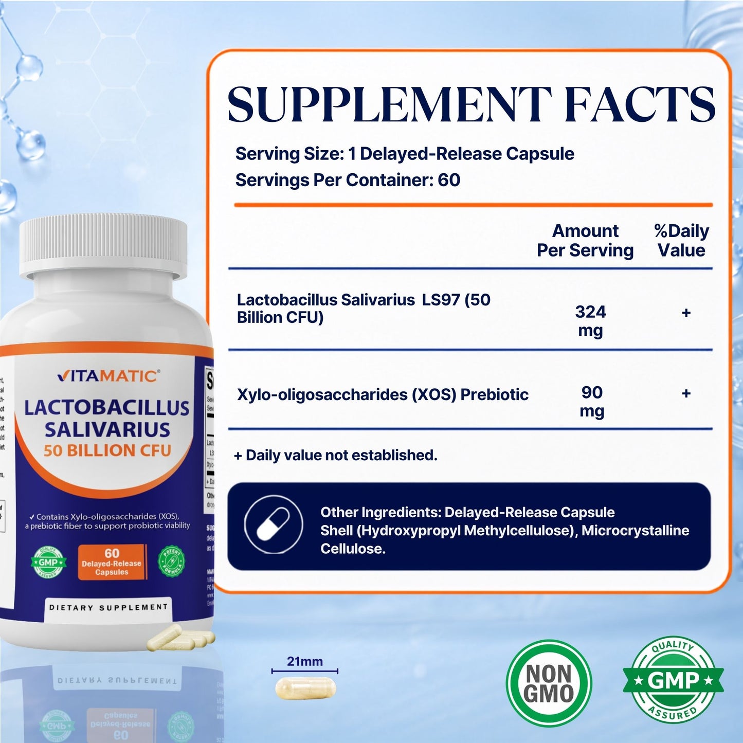 Vitamatic Lactobacillus Salivarius 50 Billion CFU with XOS Prebiotic, 60 Delayed Release Capsules