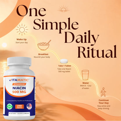 Daily routine guide for Vitamatic Niacin 500 mg showing one tablet with breakfast and water as part of a morning wellness routine.