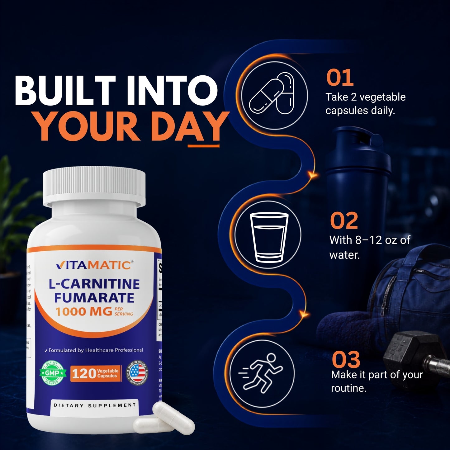 Vitamatic L-Carnitine Fumarate 1000mg, 120 Veg Capsules