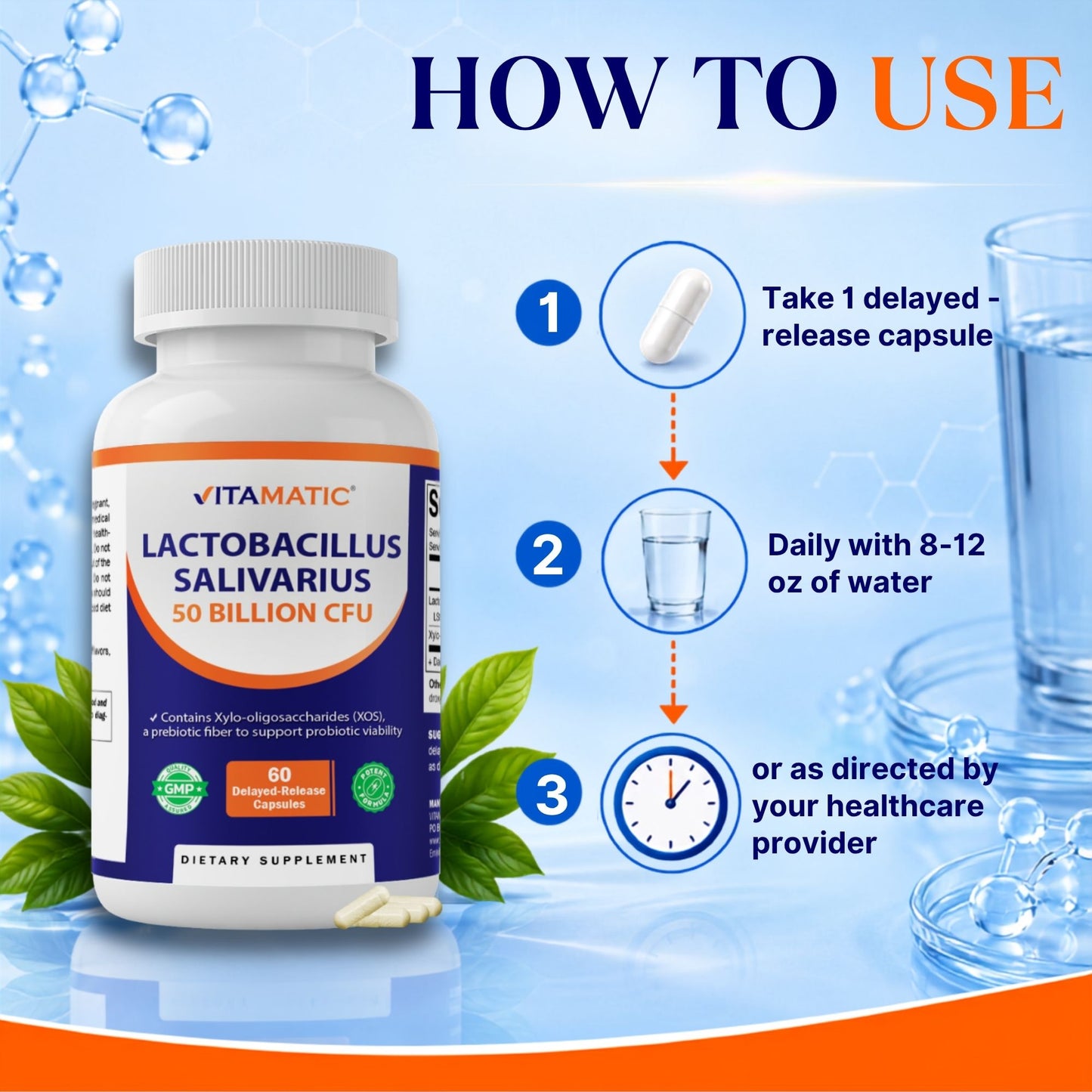 Vitamatic Lactobacillus Salivarius 50 Billion CFU with XOS Prebiotic, 60 Delayed Release Capsules