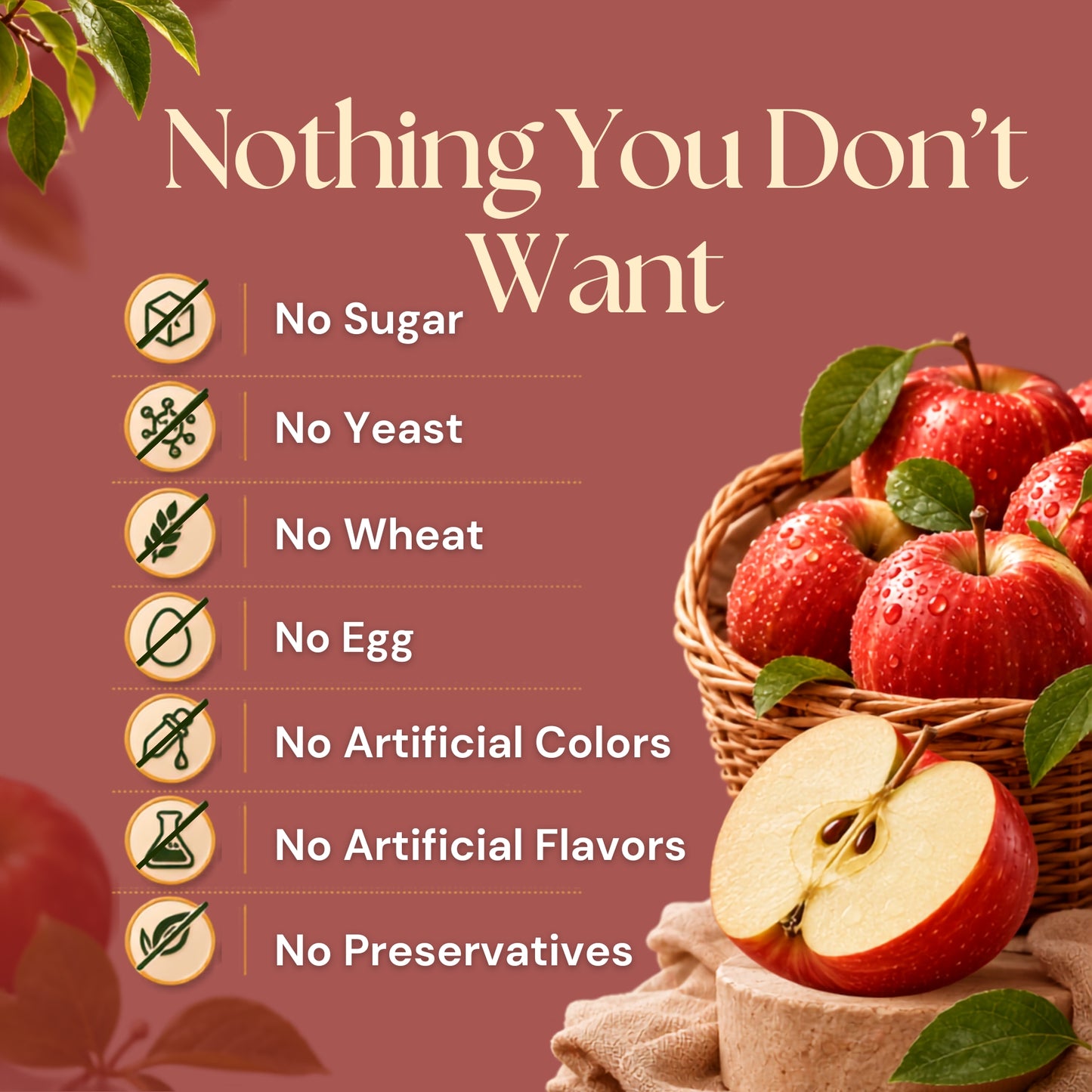 Apple Pectin supplement highlighting no sugar, no yeast, no wheat, no egg, no artificial colors, no artificial flavors, and no preservatives.