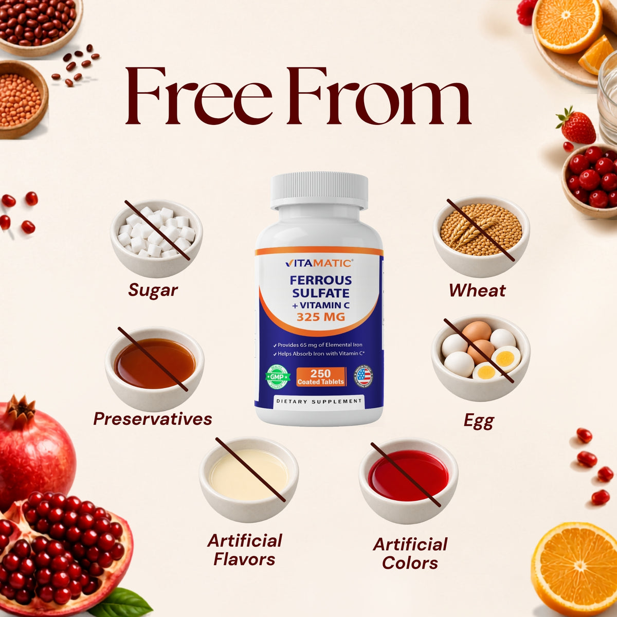 Vitamatic Ferrous Sulphate + Vitamin C, 250 Tablets