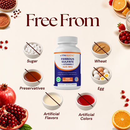 Vitamatic Ferrous Sulphate + Vitamin C, 250 Tablets