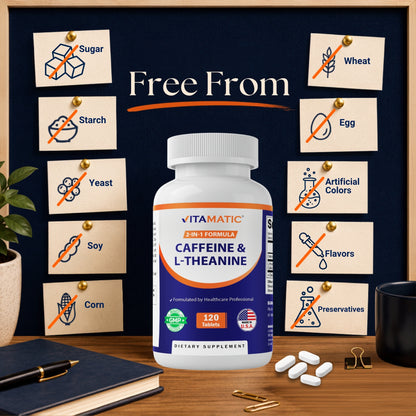 Vitamatic L-Theanine 200mg + Caffeine 100mg, 120 Tablets