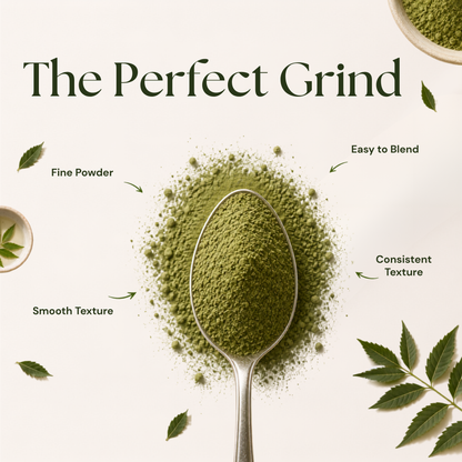 Close-up of finely ground Organic Neem Powder showing smooth texture, easy blending, and consistent quality.