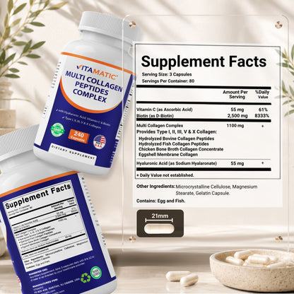 Vitamatic Multi Collagen Peptides Complex with Hyaluronic Acid, Vitamin C & Biotin, Types I, II, III, V & X Collagen, 240 Capsules