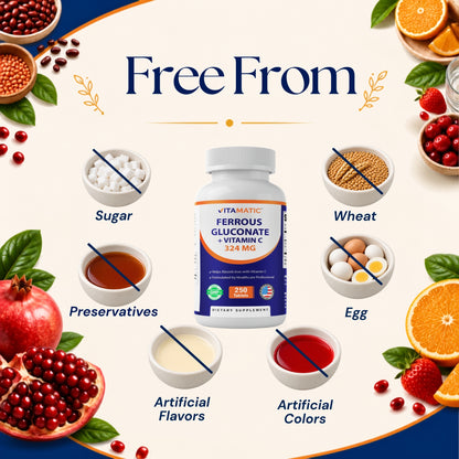 Vitamatic Ferrous Gluconate 324mg + Vitamin C, 250 Tablets