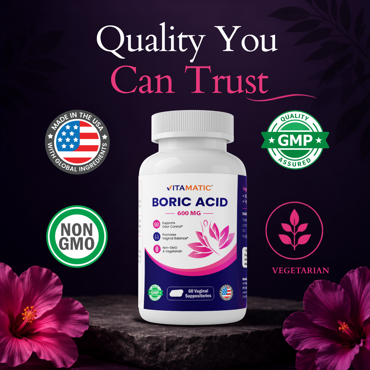 Vitamatic Boric Acid 600 mg Vaginal Suppositories – Non-GMO Vegetarian and GMP Assured