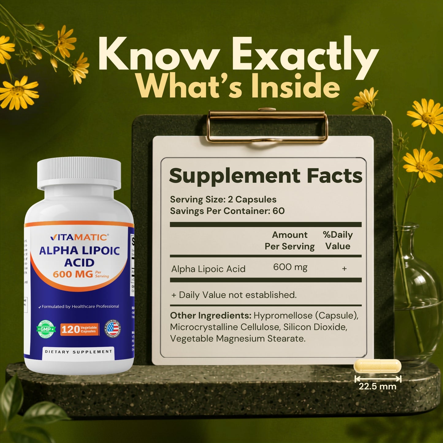 Alpha Lipoic Acid 600 mg Supplement Facts showing serving size, ingredients, and capsule dimensions beside the product bottle.