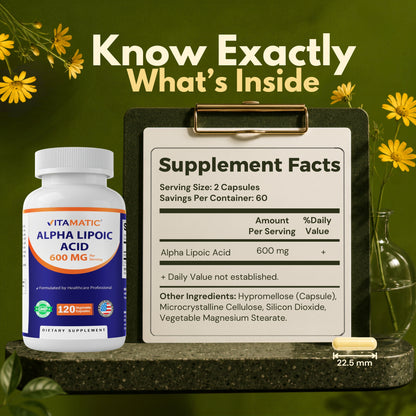 Alpha Lipoic Acid 600 mg Supplement Facts showing serving size, ingredients, and capsule dimensions beside the product bottle.