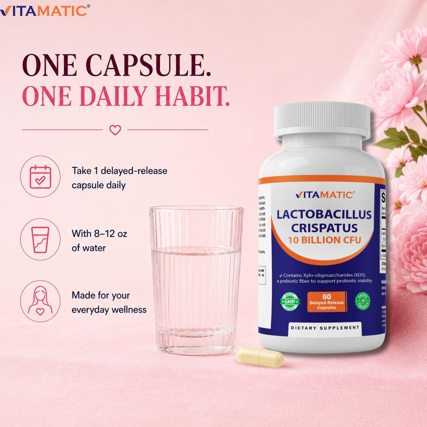 Vitamatic Lactobacillus Crispatus 10 Billion CFU with XOS Prebiotic - 60 Delayed Release Capsules