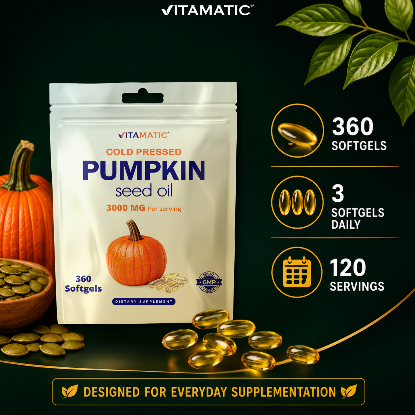 Vitamatic Pumpkin Seed Oil 3000 mg per Serving, 360 Softgels – Cold Pressed Supplement, Non-GMO, Gluten Free