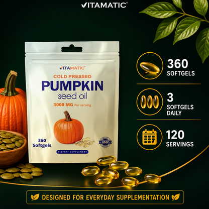 Vitamatic Pumpkin Seed Oil 3000 mg per Serving, 360 Softgels – Cold Pressed Supplement, Non-GMO, Gluten Free