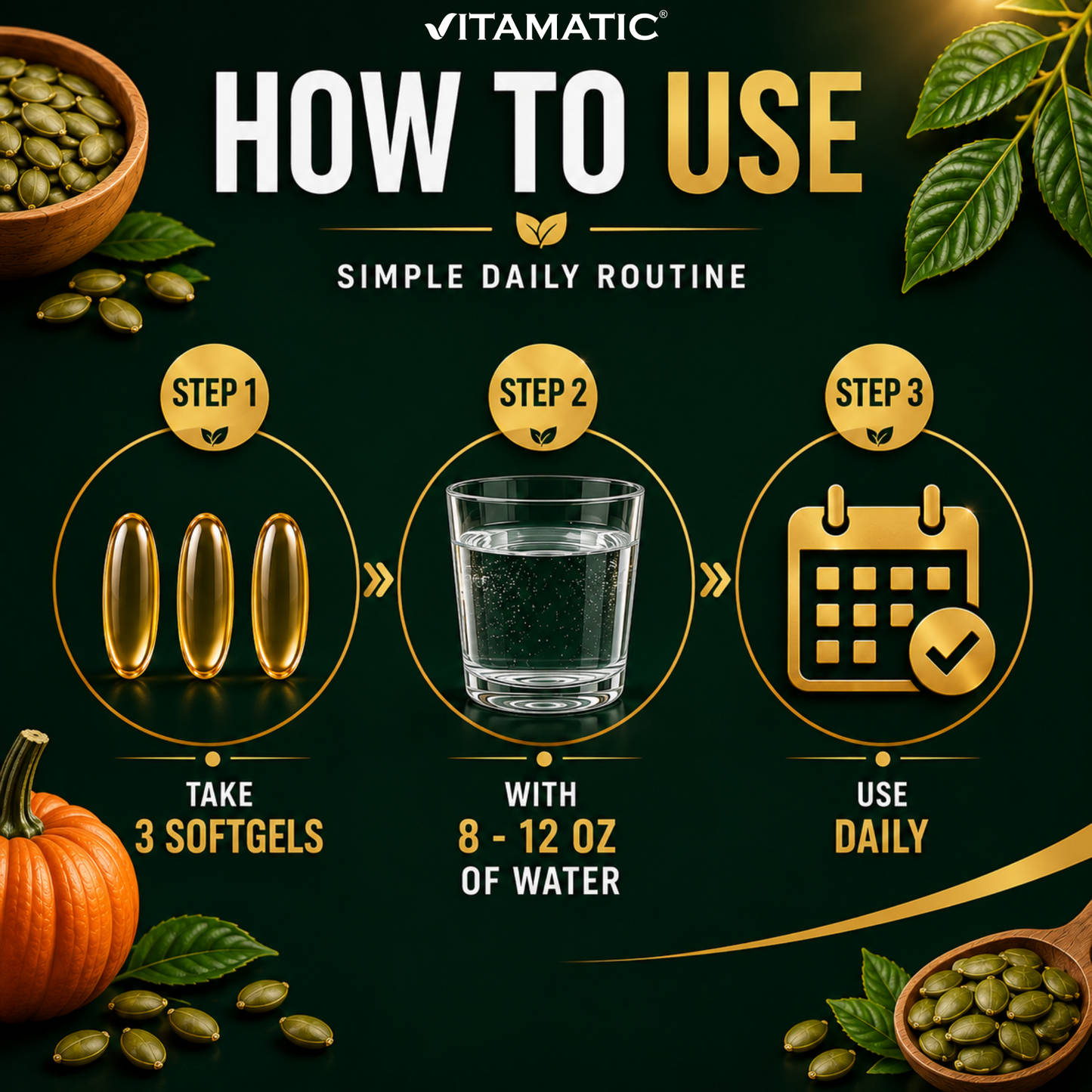 Vitamatic Pumpkin Seed Oil 3000 mg per Serving, 360 Softgels – Cold Pressed Supplement, Non-GMO, Gluten Free