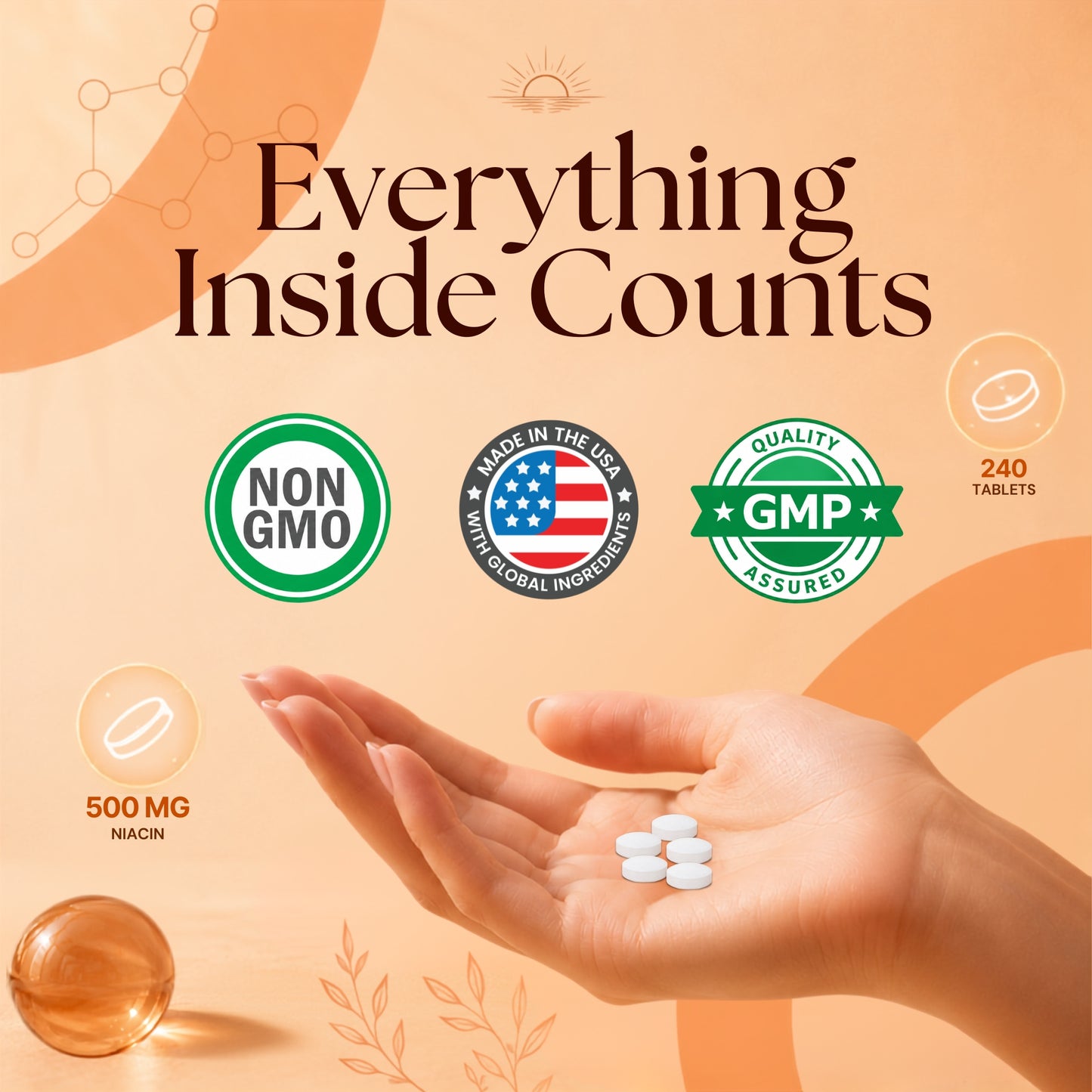 Vitamatic Niacin 500 mg tablets with Non-GMO, GMP Assured, Made in USA quality certifications, 500 mg strength, and 240 tablets.