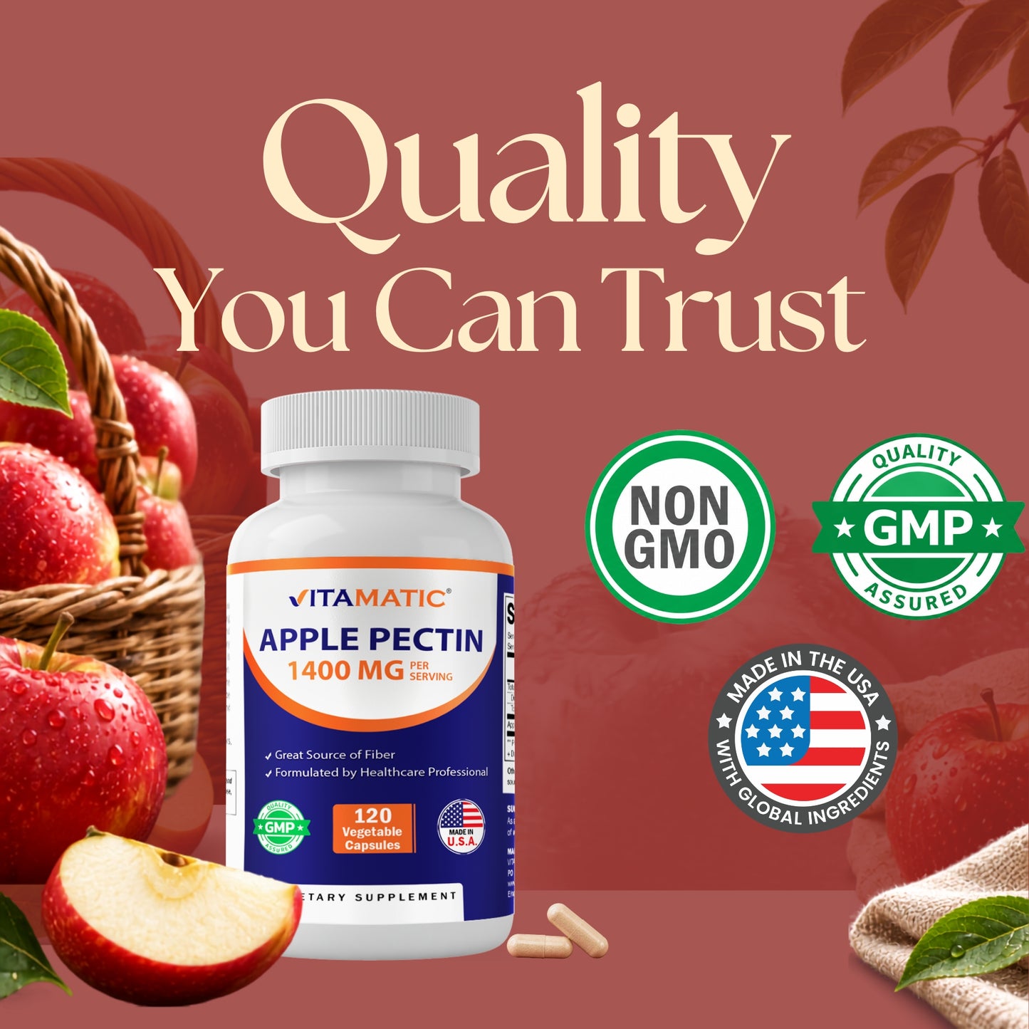 Vitamatic Apple Pectin 1400 mg supplement bottle with Non-GMO, GMP Assured, and Made in USA quality certifications beside fresh red apples.