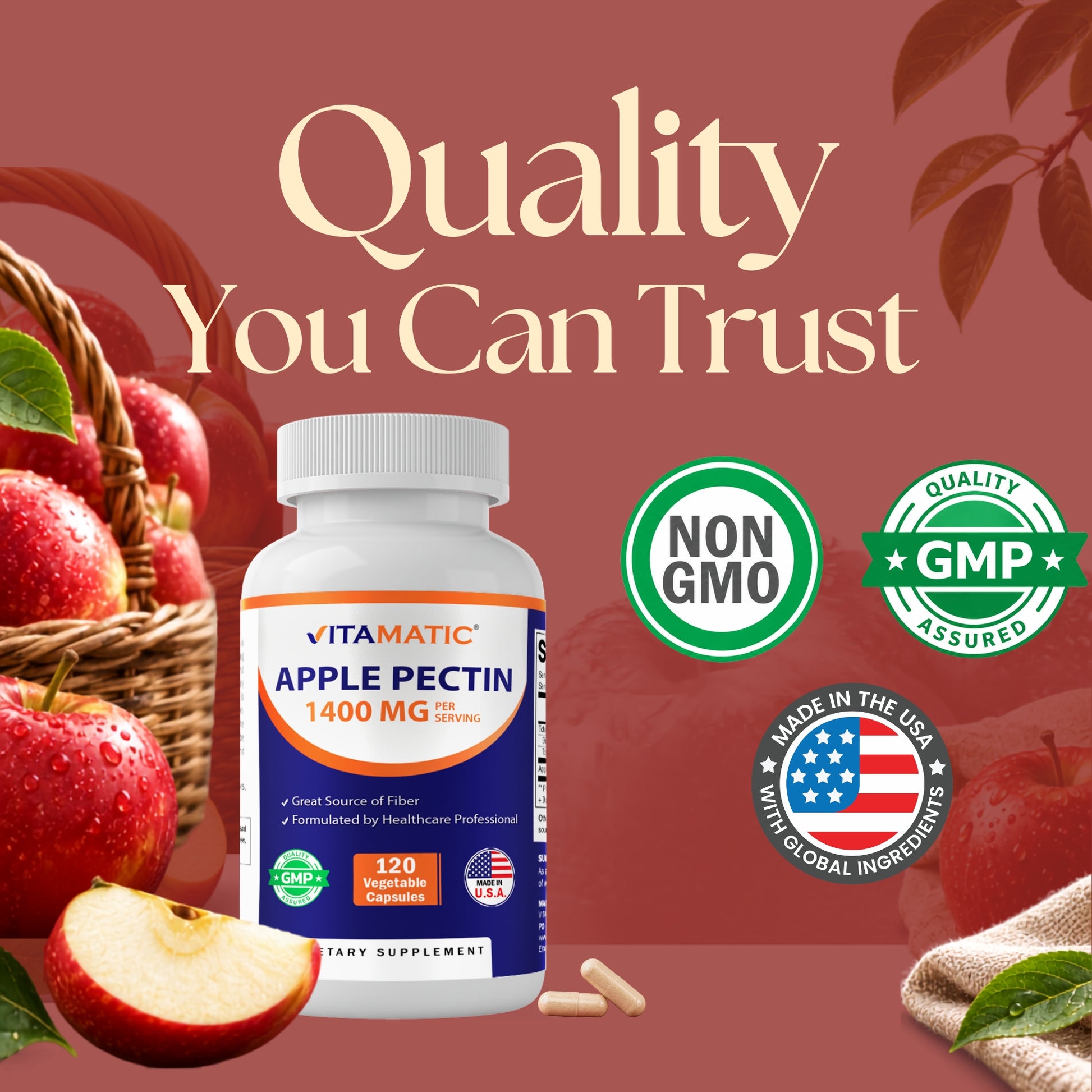 Vitamatic Apple Pectin 1400 mg supplement bottle with Non-GMO, GMP Assured, and Made in USA quality certifications beside fresh red apples.
