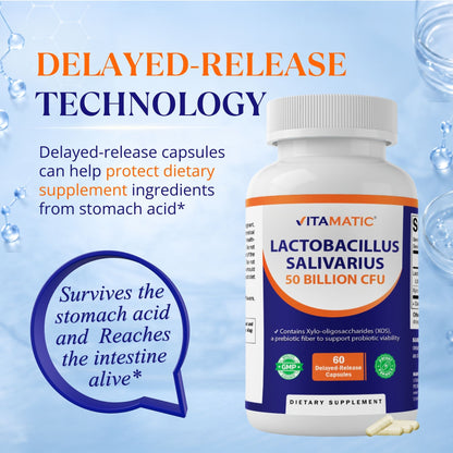 Vitamatic Lactobacillus Salivarius 50 Billion CFU with XOS Prebiotic, 60 Delayed Release Capsules
