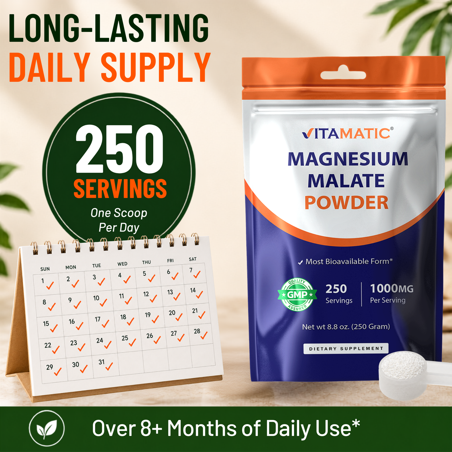 Vitamatic Magnesium Malate Powder 1000mg Per Serving, 250g Pouch