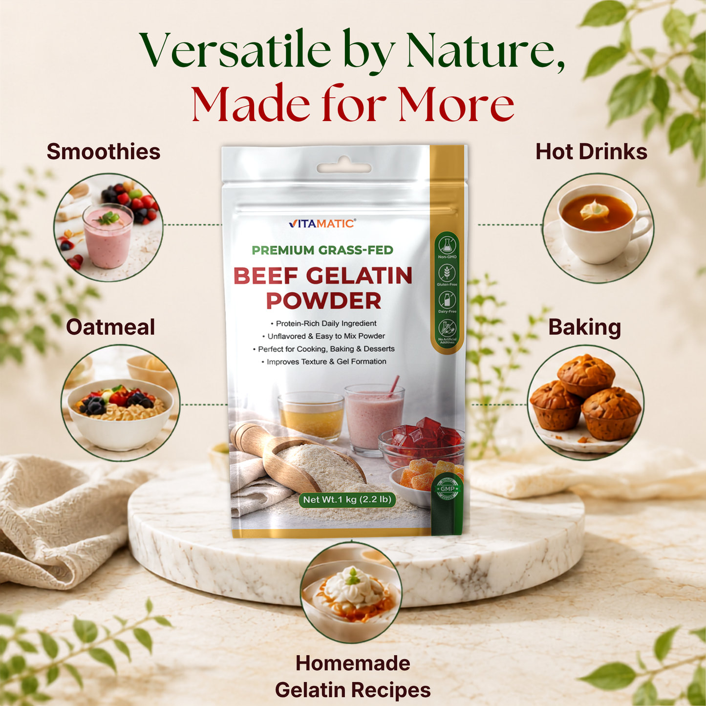 Vitamatic Grass-Fed Beef Gelatin Powder, 1 kg (2.2 lb)