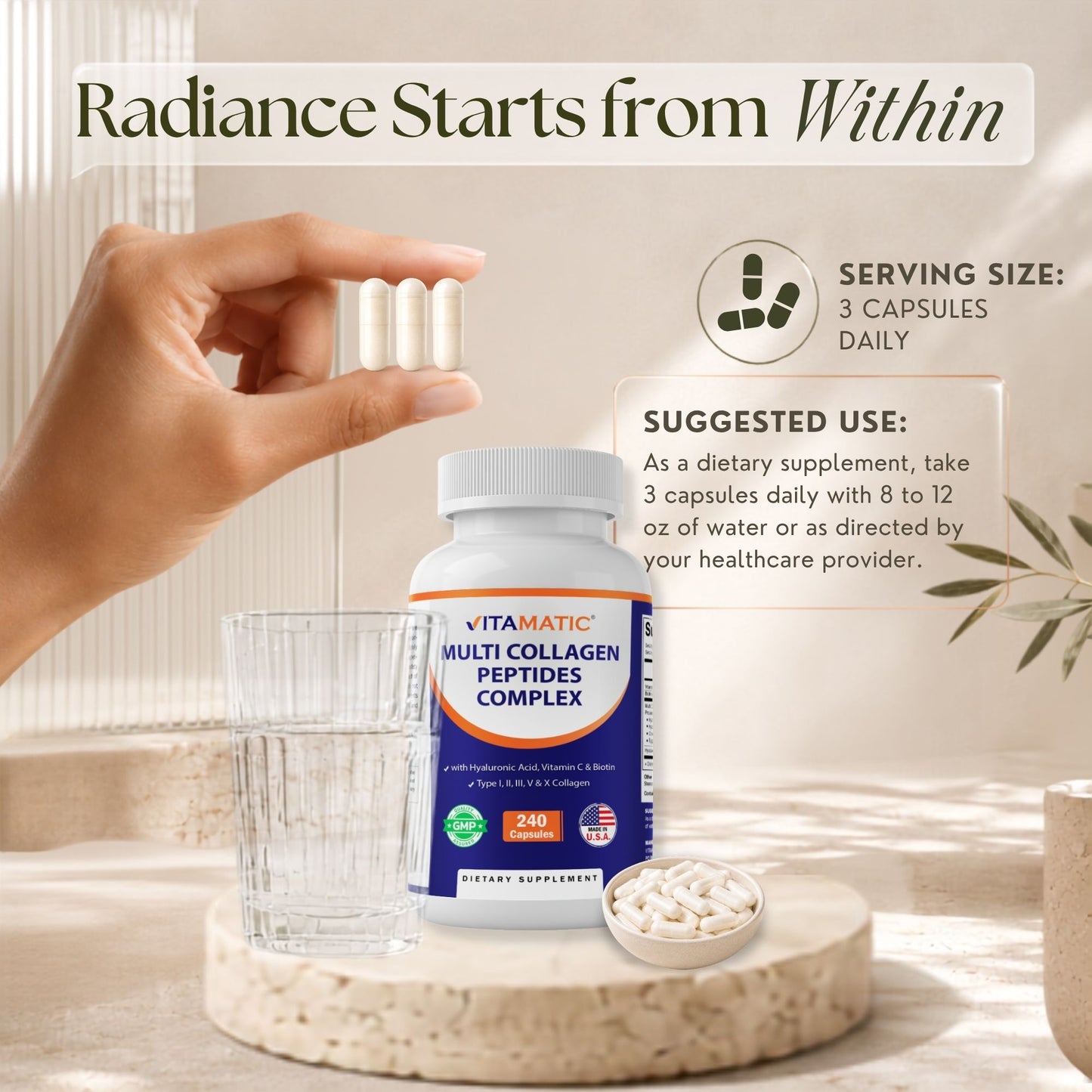 Vitamatic Multi Collagen Peptides Complex with Hyaluronic Acid, Vitamin C & Biotin, Types I, II, III, V & X Collagen, 240 Capsules
