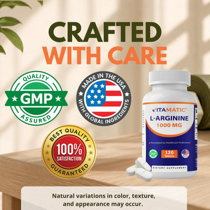 Vitamatic L-Arginine 1000 mg Tablets – 120 Count – Amino Acid Supplement