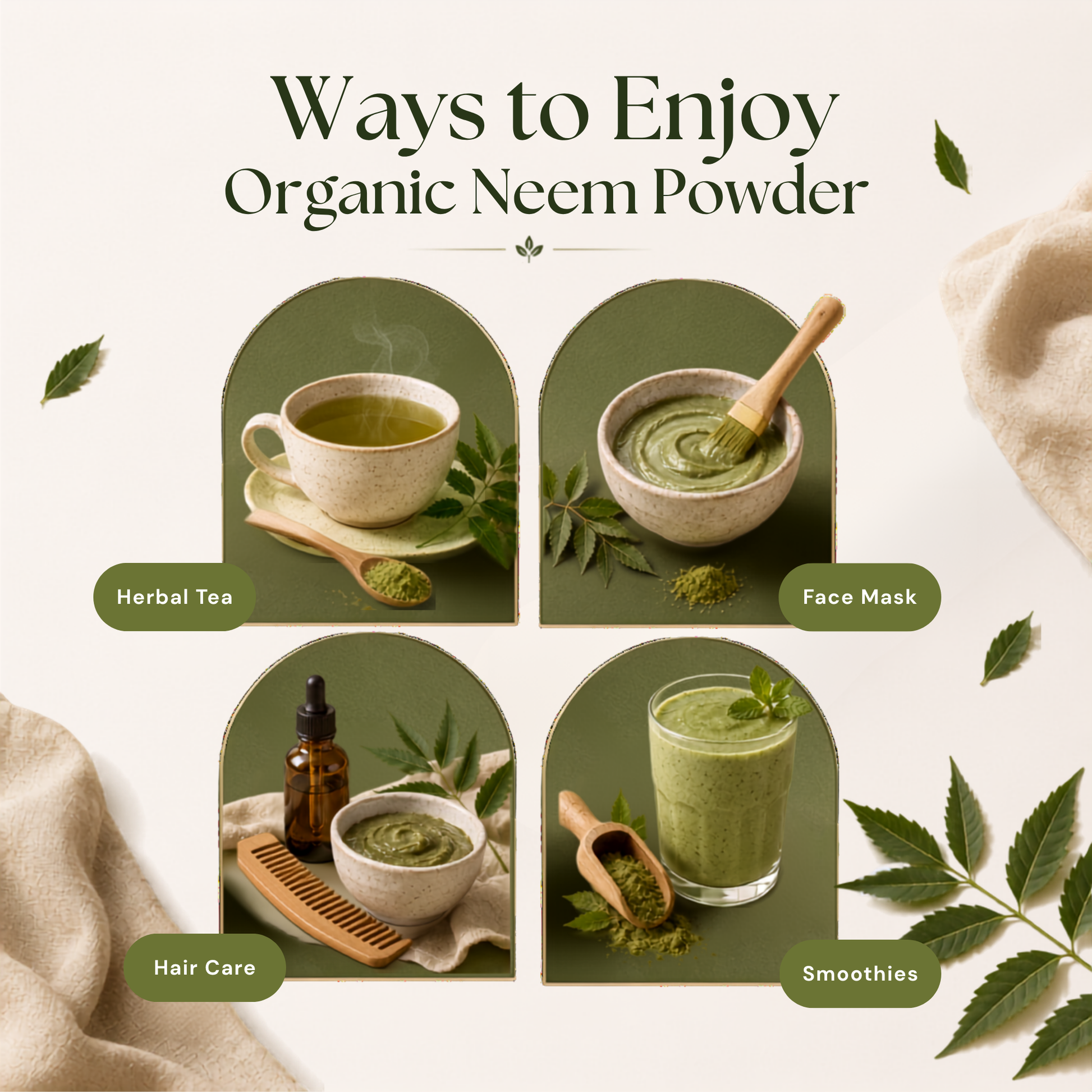 Organic Neem Powder for herbal tea, smoothies, baking, face masks, and hair care with versatile everyday uses.
