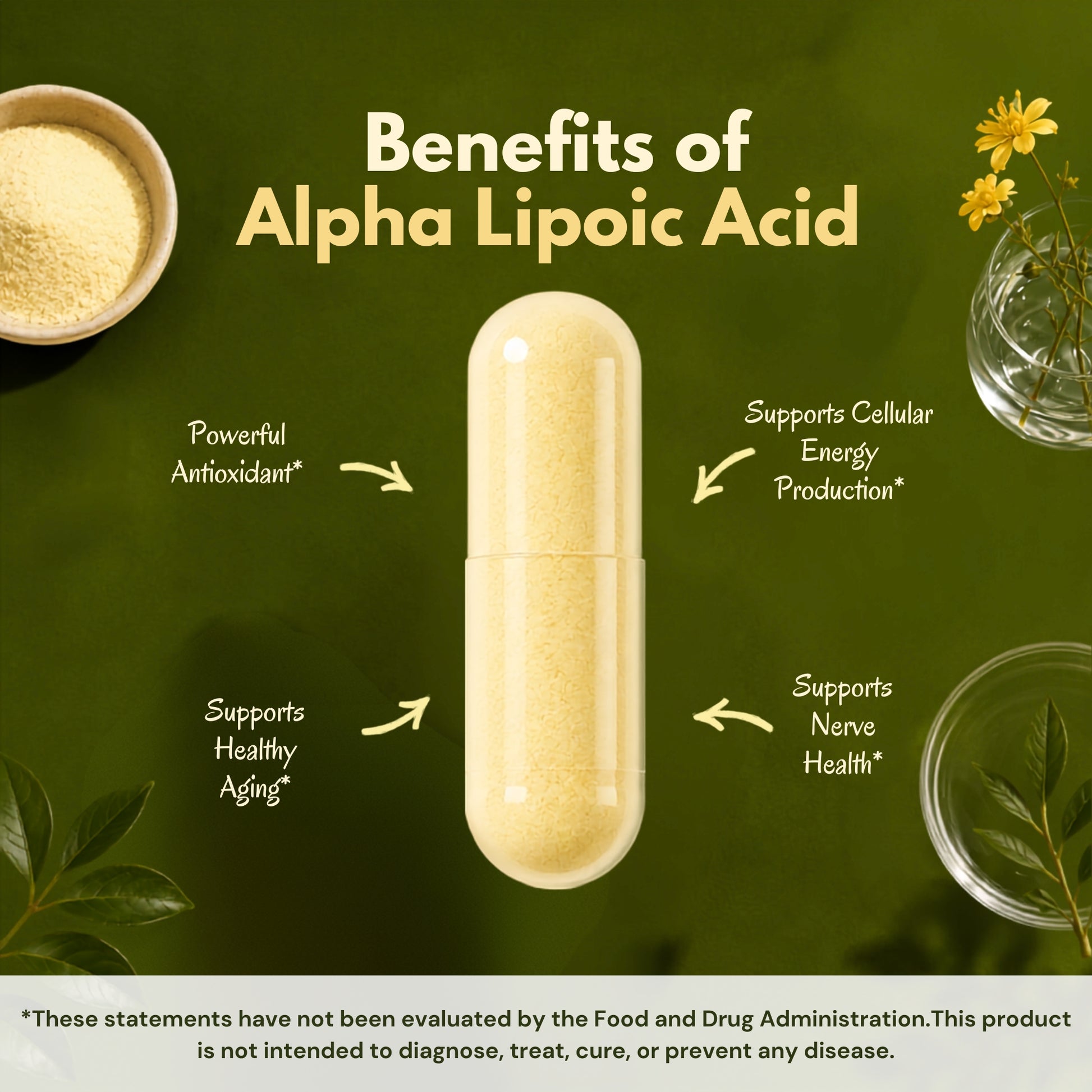 Alpha Lipoic Acid 600 mg capsules highlighting antioxidant support, cellular energy production, healthy aging, and nerve health.*