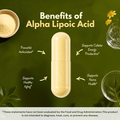 Alpha Lipoic Acid 600 mg capsules highlighting antioxidant support, cellular energy production, healthy aging, and nerve health.*