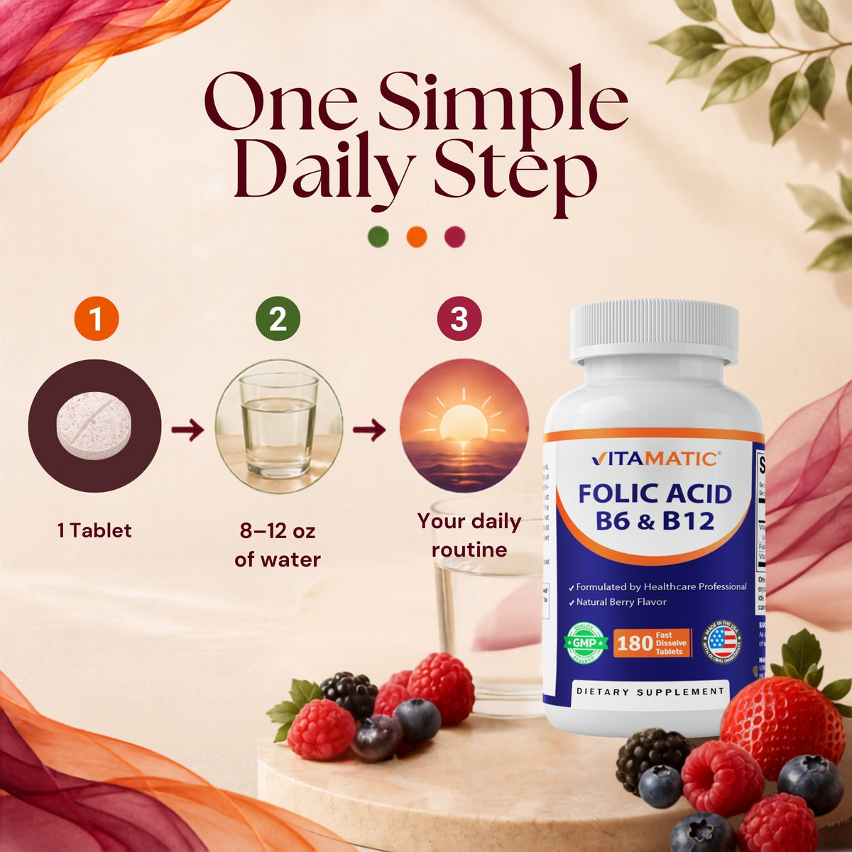 Vitamatic Folic Acid with B6 & B12, 180 Tablets