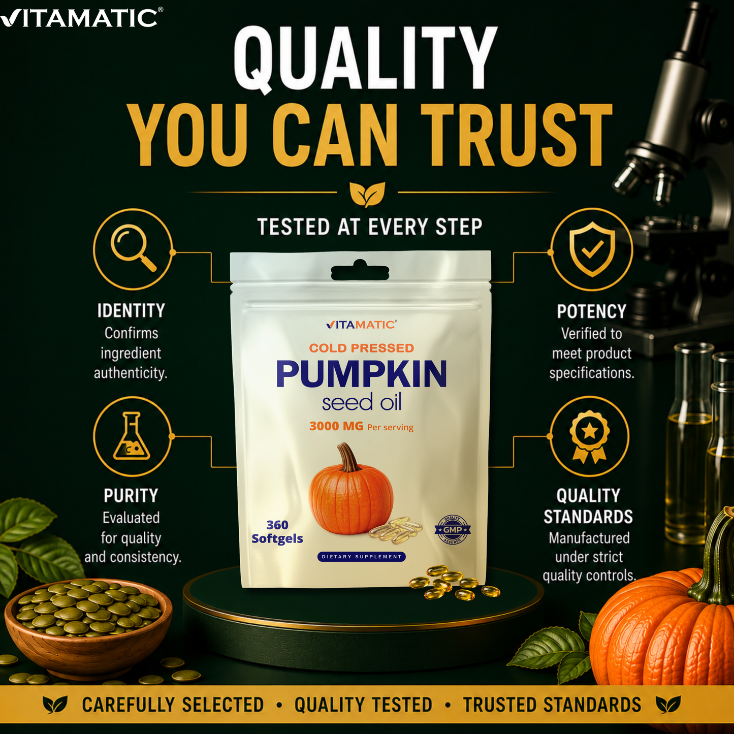 Vitamatic Pumpkin Seed Oil 3000 mg per Serving, 360 Softgels – Cold Pressed Supplement, Non-GMO, Gluten Free