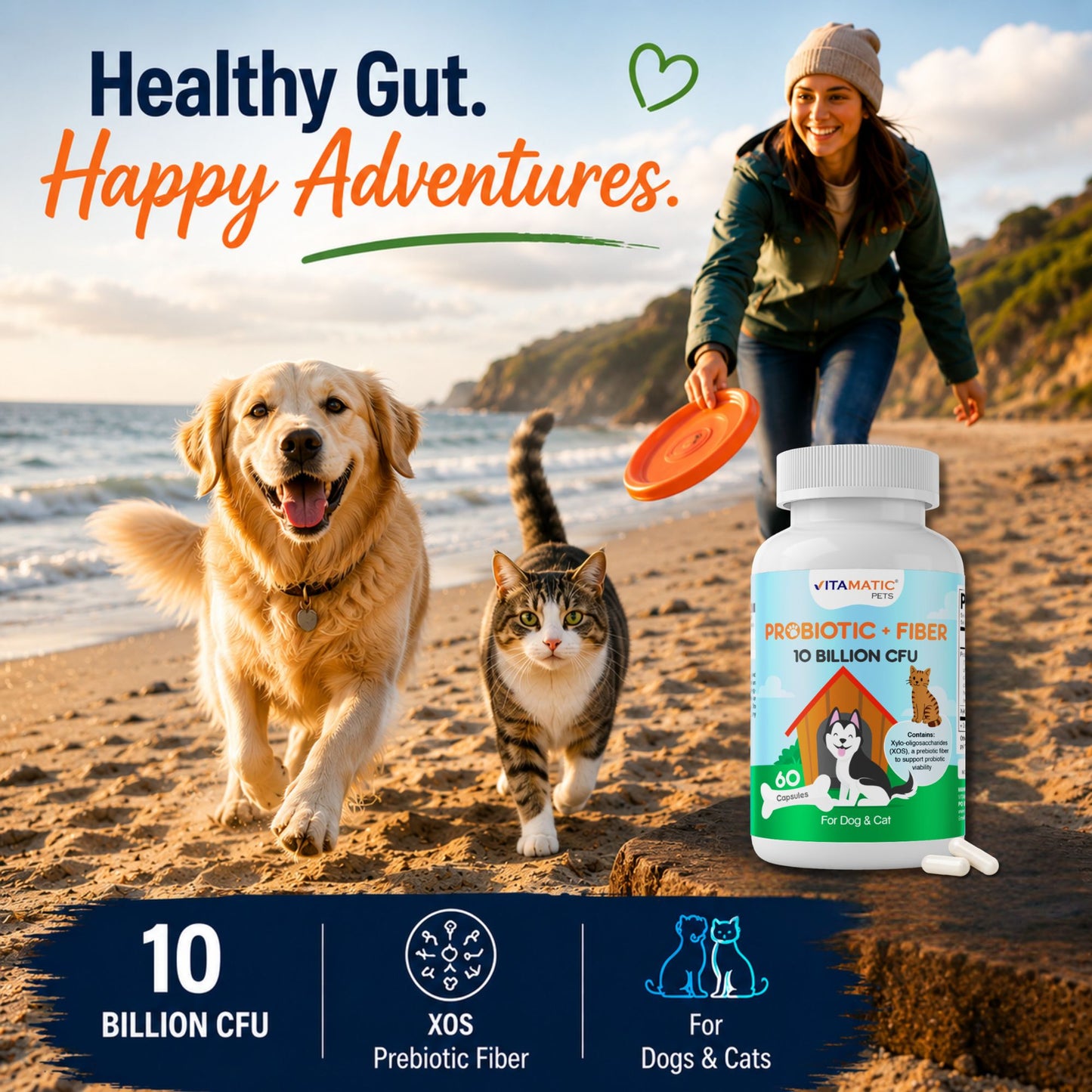 Vitamatic Pets Probiotic + Fiber for Dogs & Cats, 10 Billion CFU Multi-Strain Probiotic with XOS Prebiotic - 60 Delayed Release Capsules