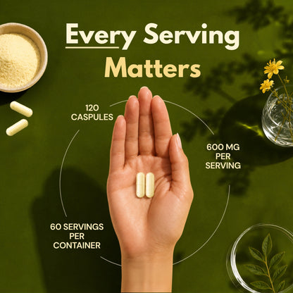 Hand holding two Alpha Lipoic Acid capsules highlighting 600 mg per serving, 120 capsules, and 60 servings per bottle.