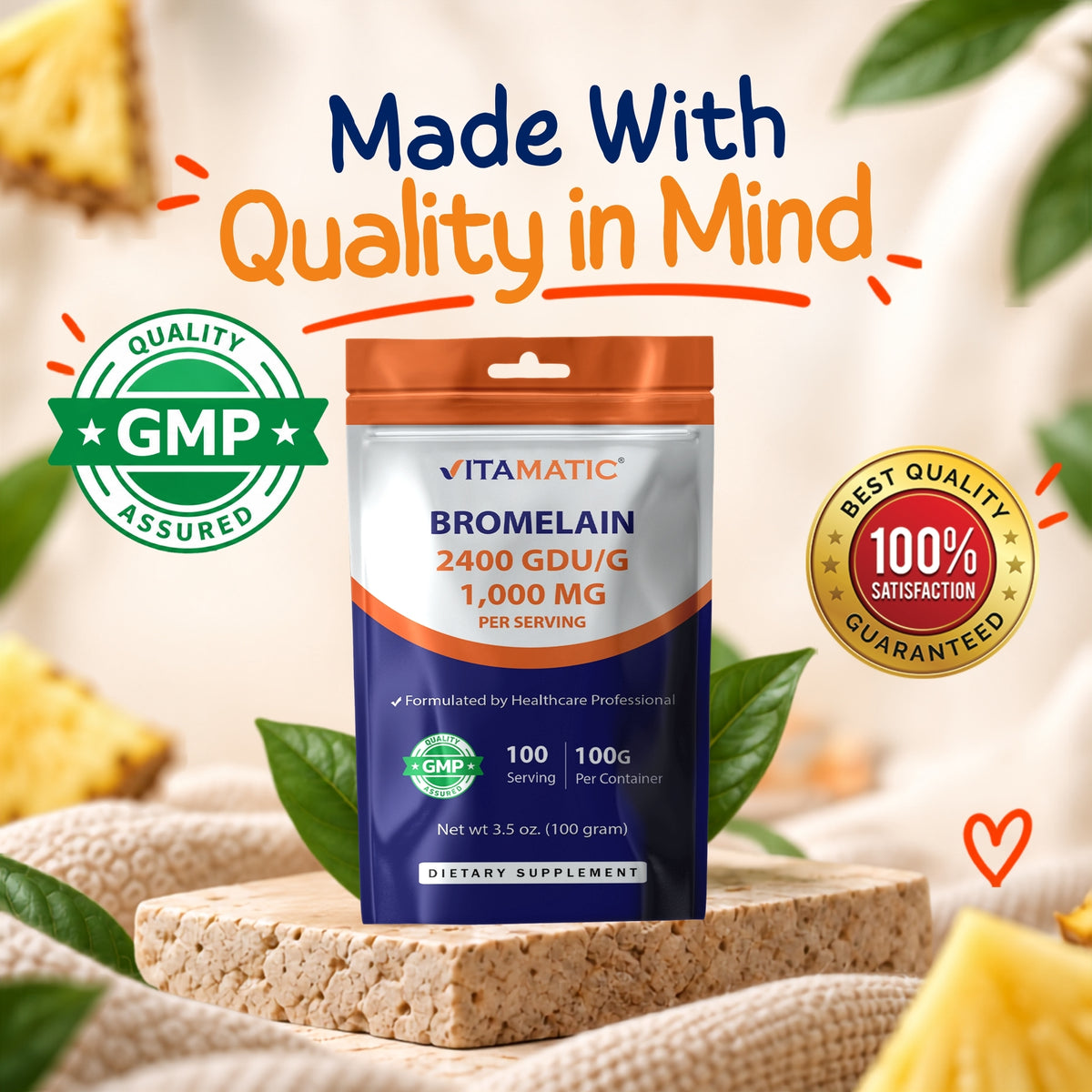 Vitamatic Bromelain Powder 1000mg per Serving, 100g Pouch