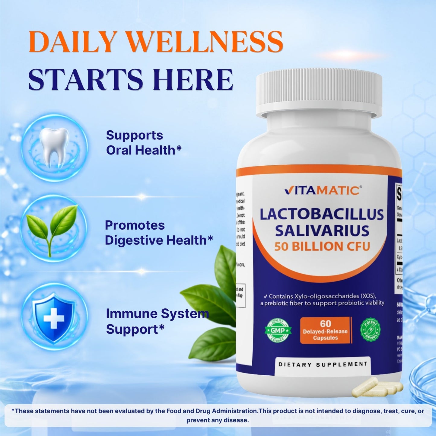 Vitamatic Lactobacillus Salivarius 50 Billion CFU with XOS Prebiotic, 60 Delayed Release Capsules