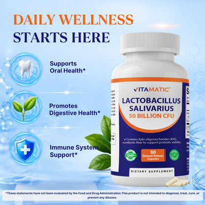 Vitamatic Lactobacillus Salivarius 50 Billion CFU with XOS Prebiotic, 60 Delayed Release Capsules