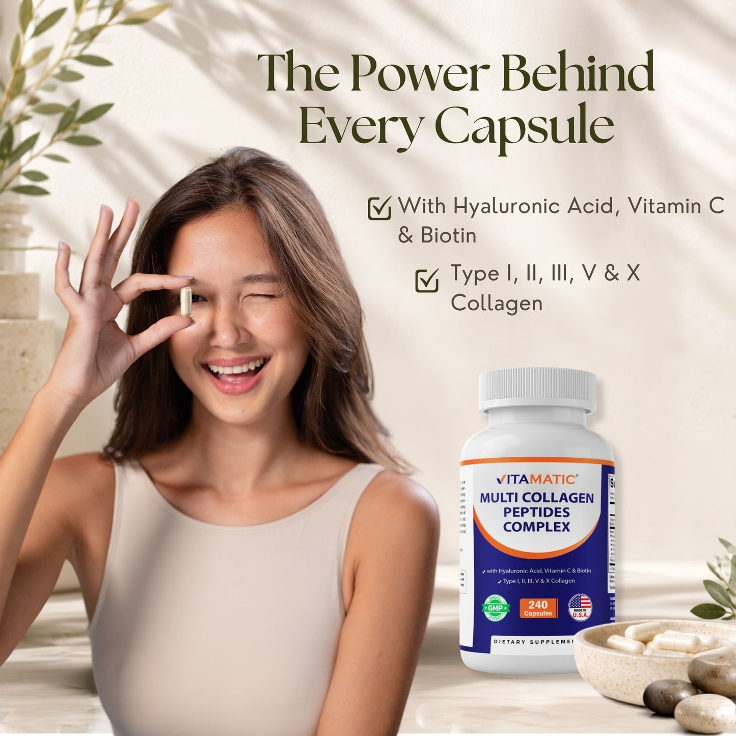 Vitamatic Multi Collagen Peptides Complex with Hyaluronic Acid, Vitamin C & Biotin, Types I, II, III, V & X Collagen, 240 Capsules