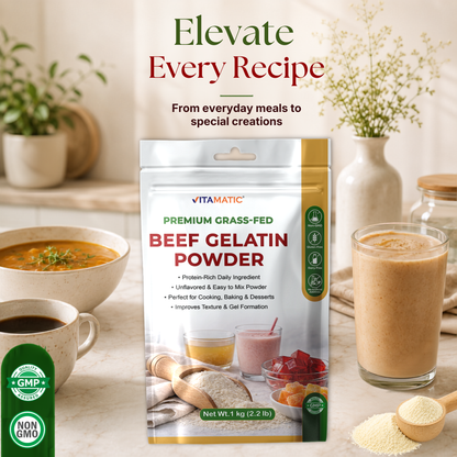Vitamatic Grass-Fed Beef Gelatin Powder, 1 kg (2.2 lb)