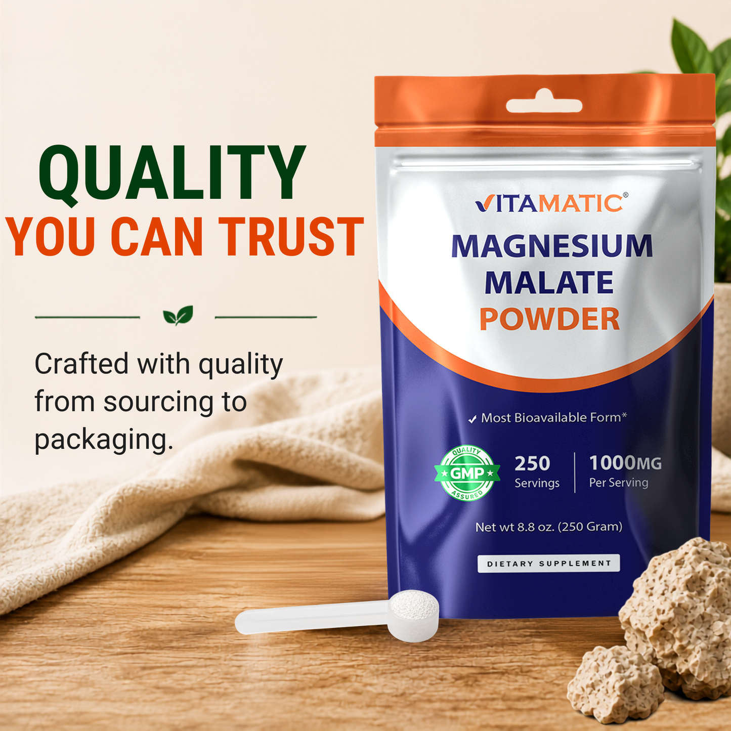 Vitamatic Magnesium Malate Powder 1000mg Per Serving, 250g Pouch