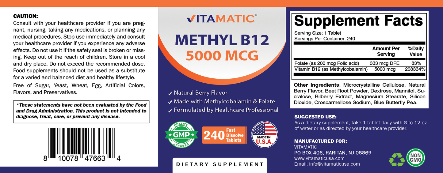 Methyl B12 5000 mcg – Natural Berry Flavor – 240 Fast Dissolve Tablets