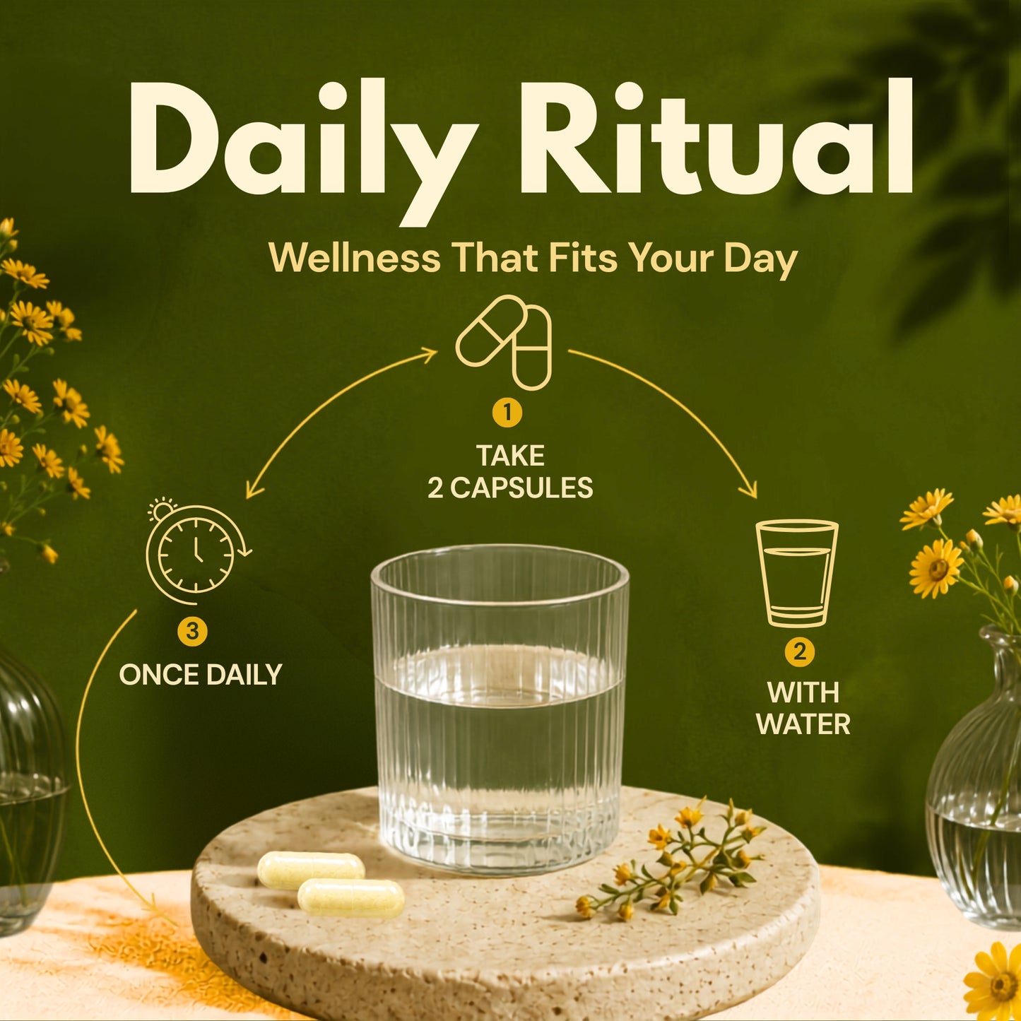 Daily Alpha Lipoic Acid routine showing two capsules taken with water once daily for a simple wellness habit.