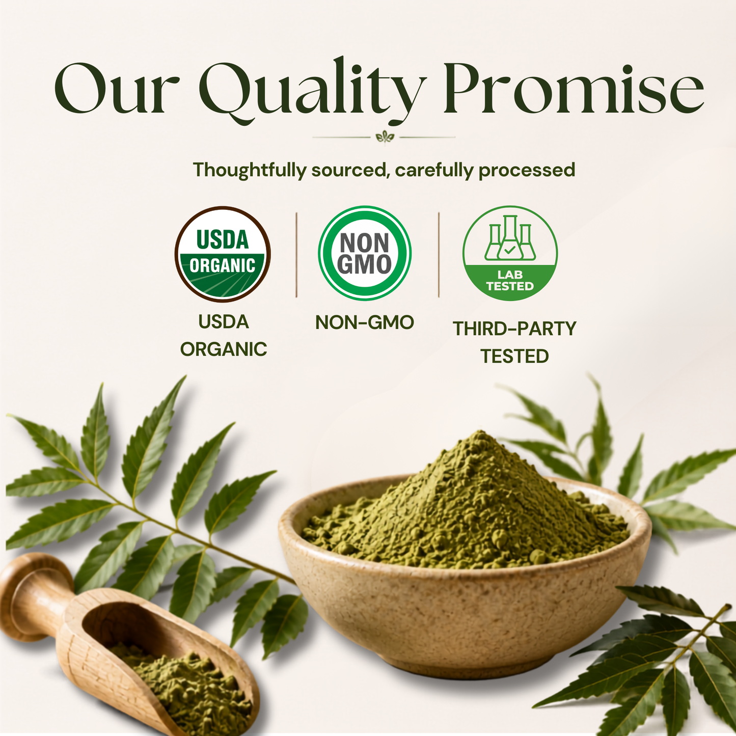 Vitamatic Organics Neem Powder featuring USDA Organic certification, Non-GMO ingredients, and third-party tested quality.