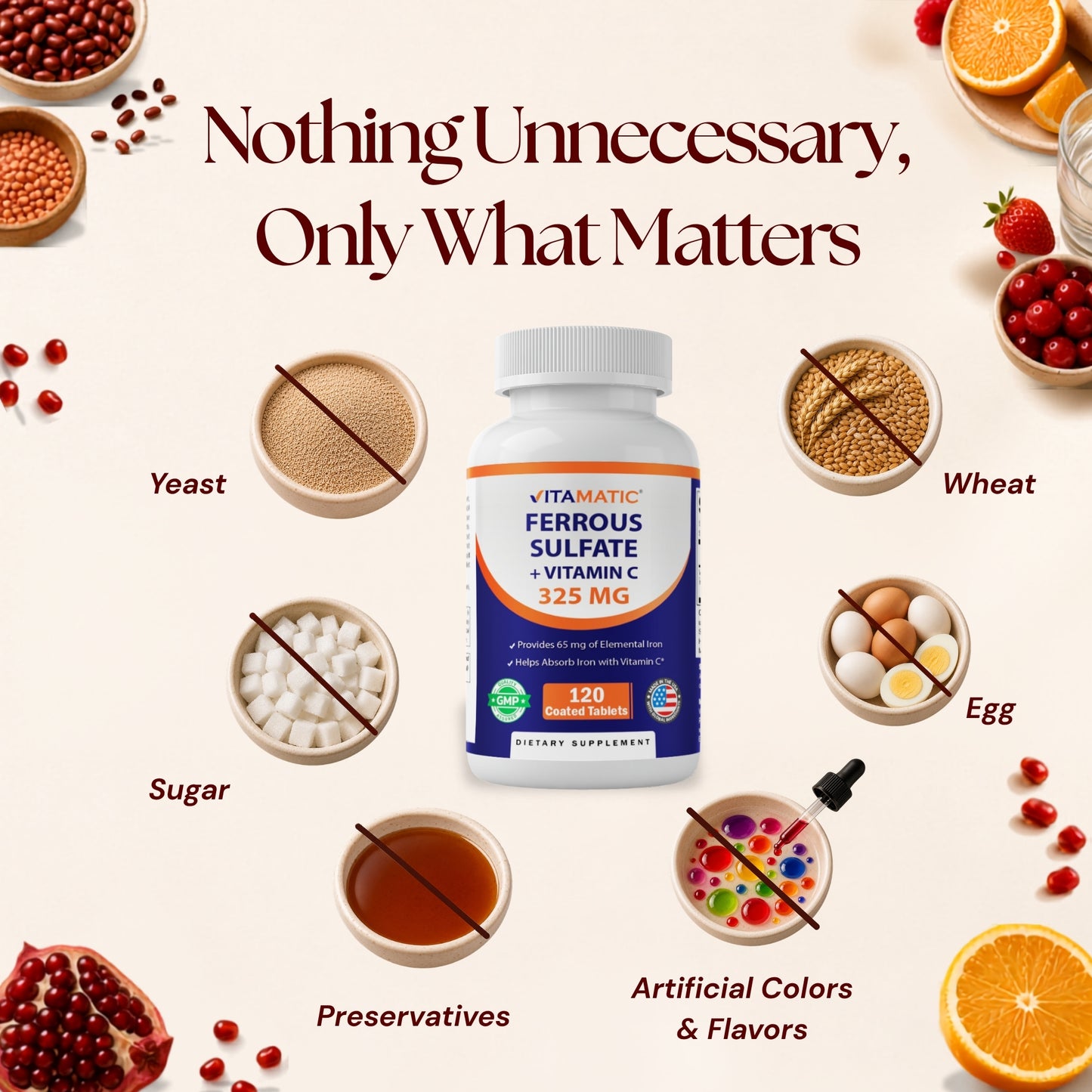 Vitamatic Ferrous Sulfate 325mg + Vitamin C 100mg, 120ct