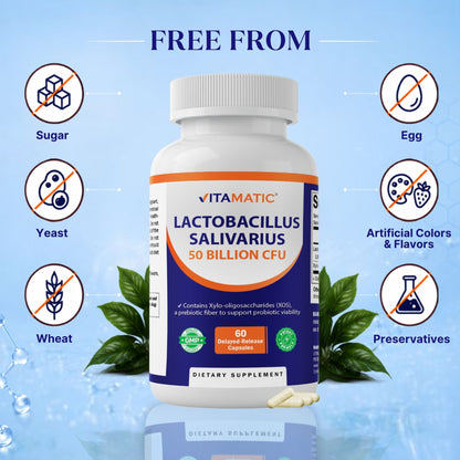 Vitamatic Lactobacillus Salivarius 50 Billion CFU with XOS Prebiotic, 60 Delayed Release Capsules