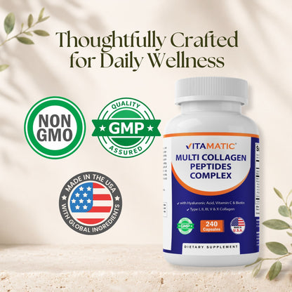 Vitamatic Multi Collagen Peptides Complex with Hyaluronic Acid, Vitamin C & Biotin, Types I, II, III, V & X Collagen, 240 Capsules