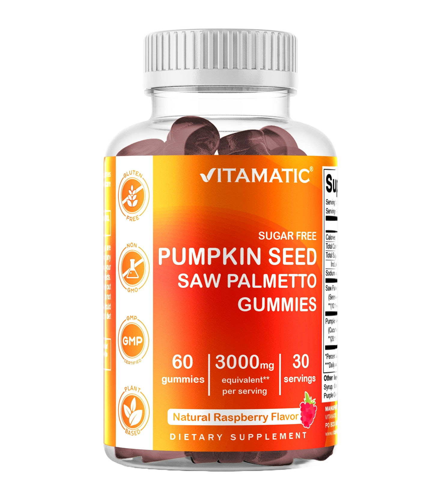 Sugar Free Pumpkin Seed 20:1 extract Gummies - Made with Saw Palmetto - Natural Raspberry Flavor - 60 Count